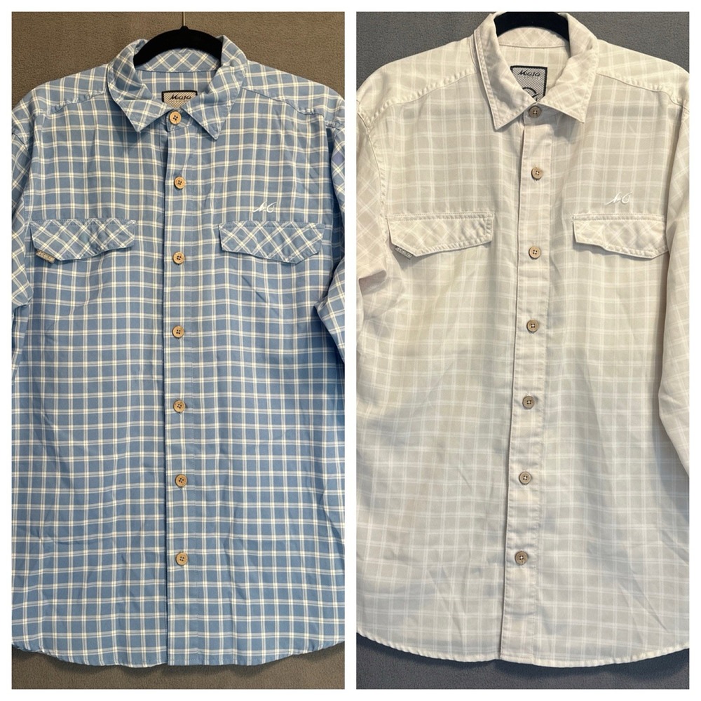 Mojo Sportswear Fishing Shirt Mens L Blue Tan Lot 2 Coastal Plaid LS Button Up